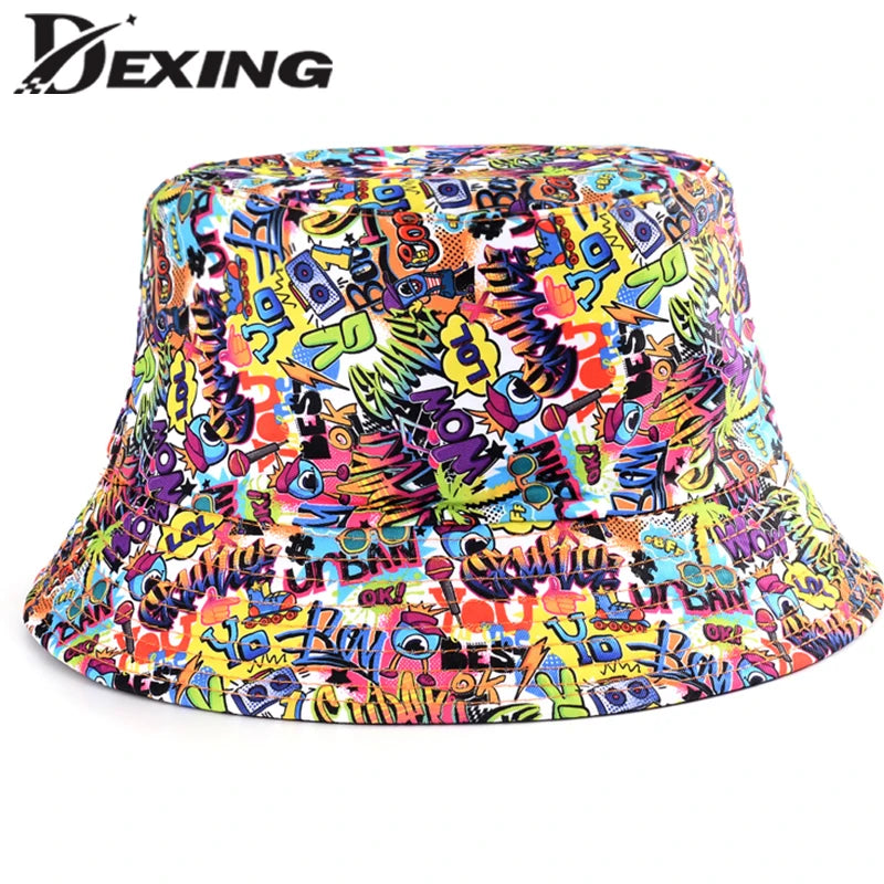 Spring Summer Cartoons Graffiti Bucket Hat for Women Men Outdoor Foldable Bob Fisherman Hat Girls Boys Panama Sun Beach Hat
