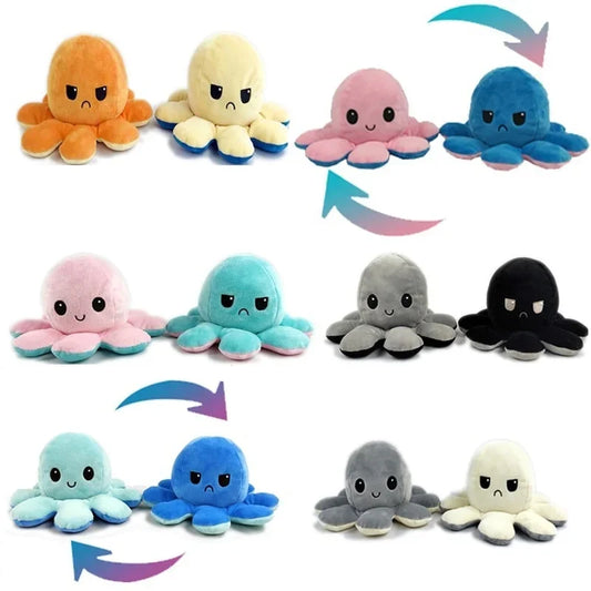 1Pcs Cute Flip Octopus Stuffed Plush Doll Different Sides to Show Different Moods Soft Simulation Reversible Plush Toy for Kids