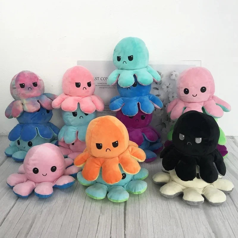 1Pcs Cute Flip Octopus Stuffed Plush Doll Different Sides to Show Different Moods Soft Simulation Reversible Plush Toy for Kids