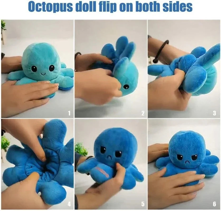 1Pcs Cute Flip Octopus Stuffed Plush Doll Different Sides to Show Different Moods Soft Simulation Reversible Plush Toy for Kids